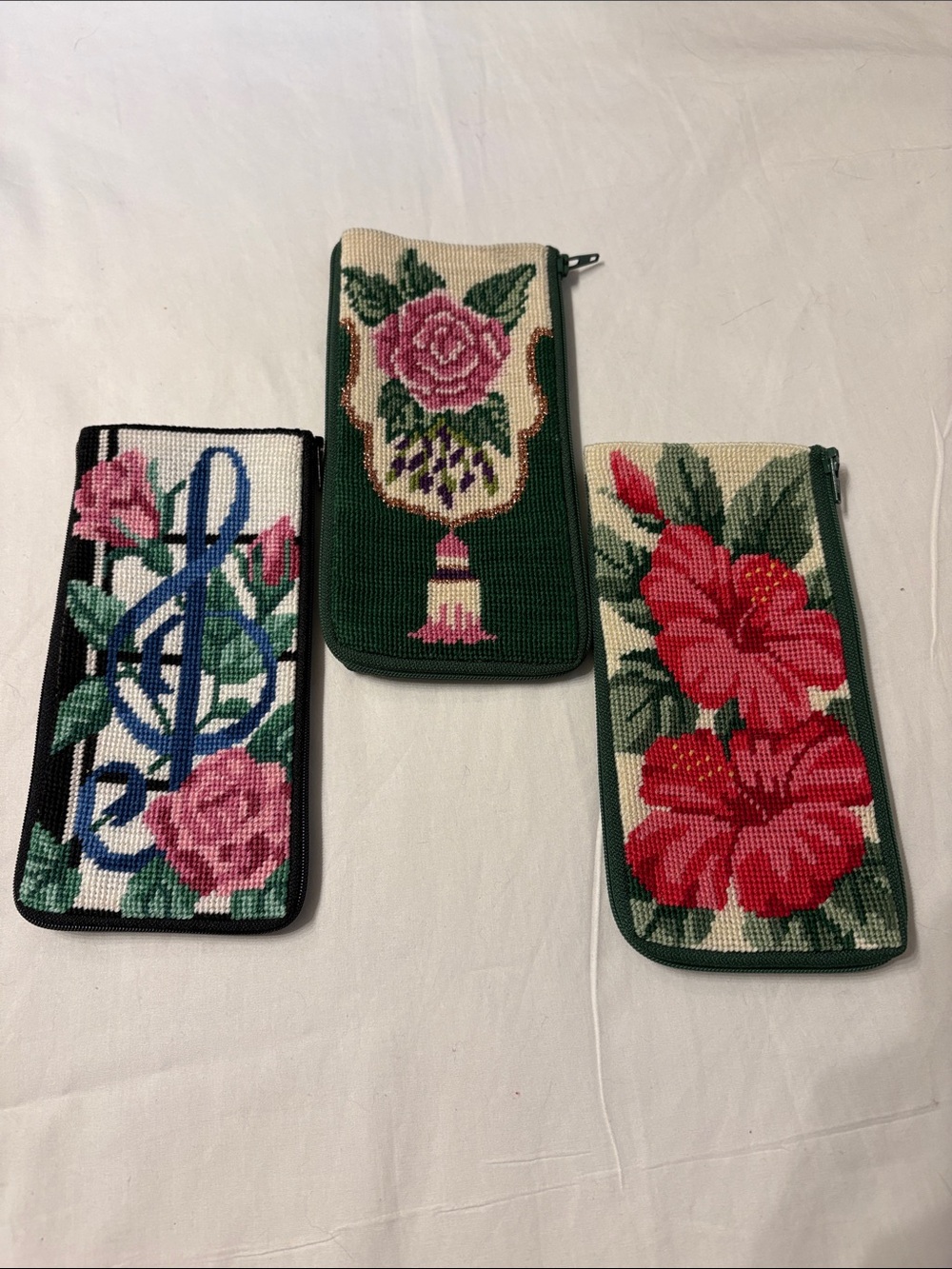 Lot of 3 Vintage Stitch and Zip Alice Peterson Handmade Needle Point Zip Pouches